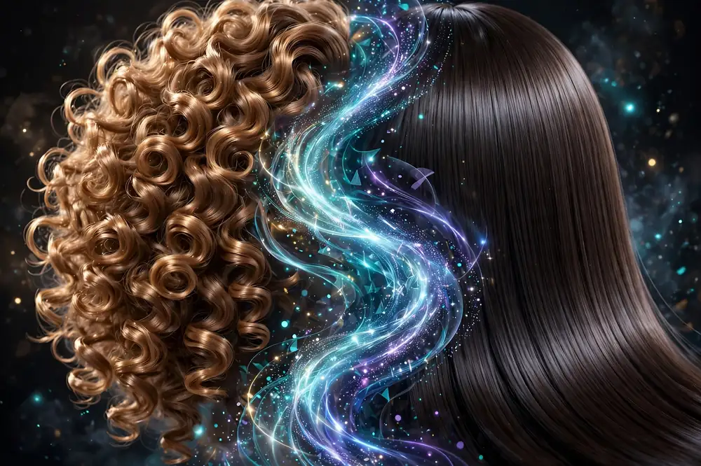3D render of curly hair transforming into sleek straight hair with a digital swirl