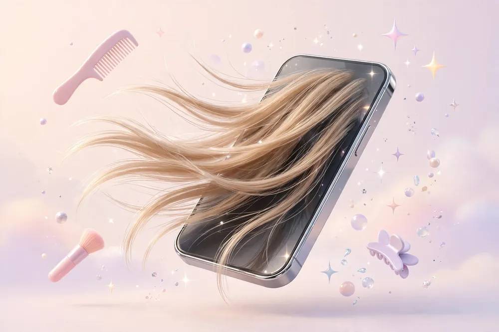 3D illustration of a smartphone showing a virtual straight-hair styling preview with beauty icons