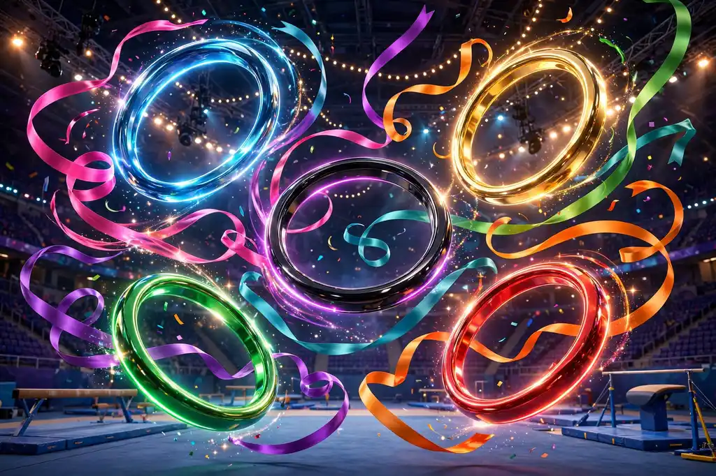 3D render of glowing metallic Olympic-style rings with swirling rhythmic gymnastics ribbons