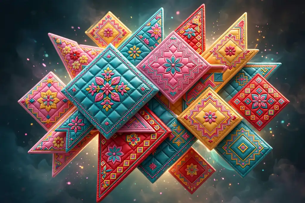 3D render of Hmong embroidery-inspired geometric patterns in pink, turquoise, yellow and red