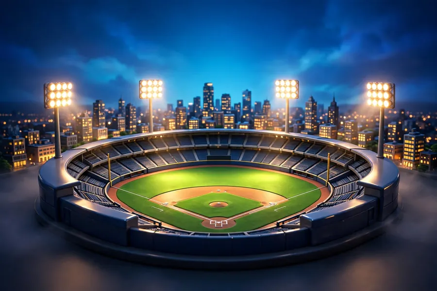 3D illustration of a baseball stadium with city skyline, themed on John Fisher's baseball ownership