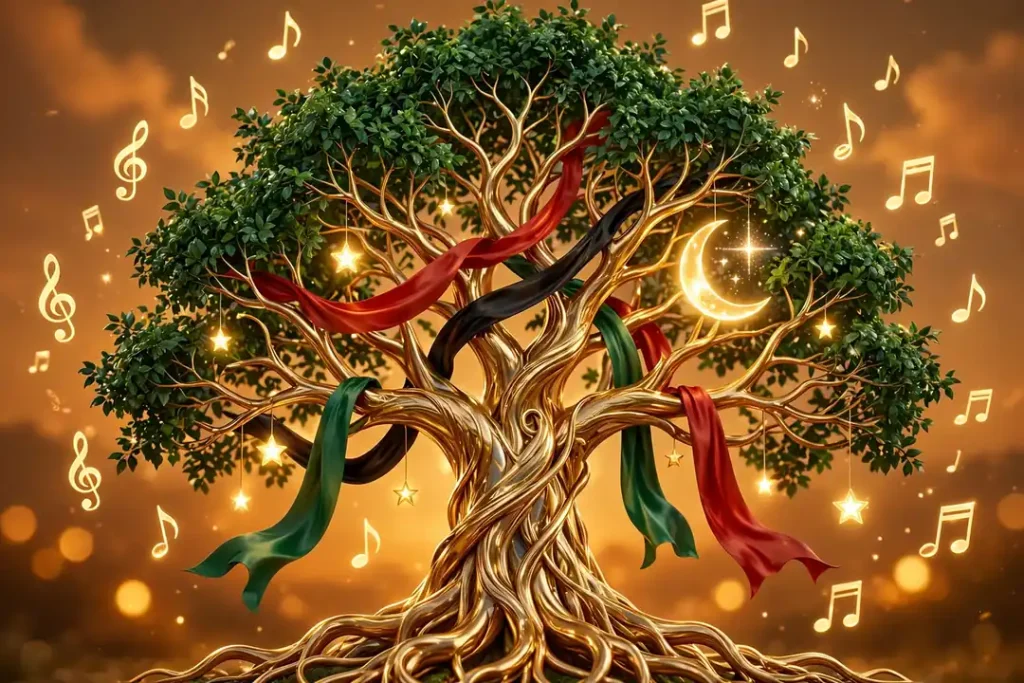 Glossy 3D render of a glowing family tree with crescent moon leaves and golden music notes wrapped in teal and gold ribbons under stars