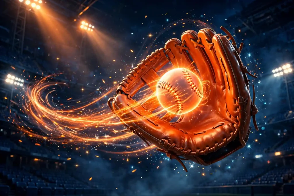 3D baseball glove catching a glowing baseball with motion trails in a stadium