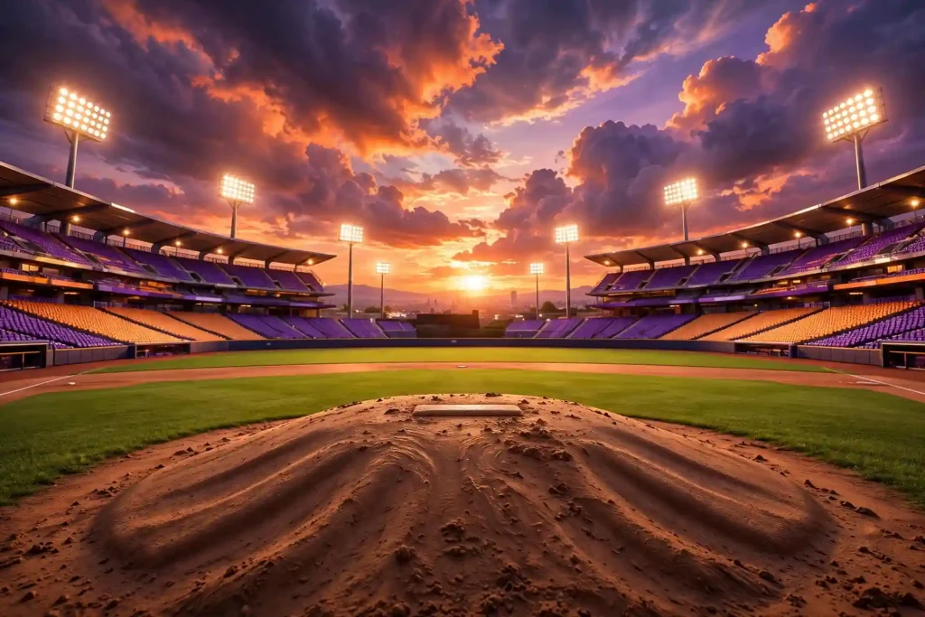 3D baseball stadium at sunset with glowing floodlights and pitcher's mound