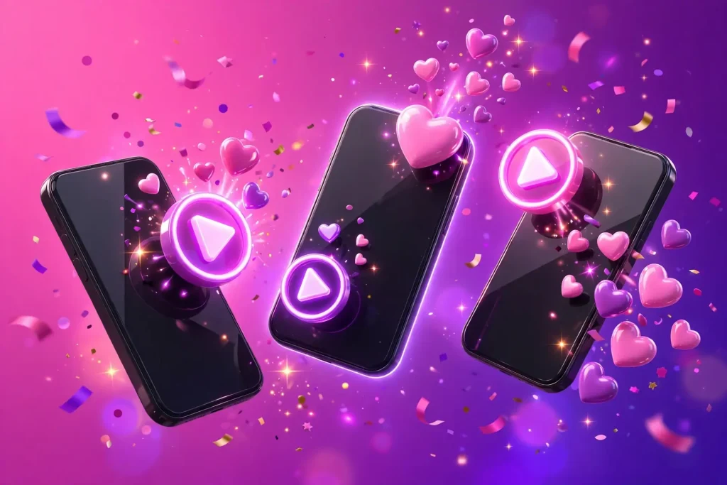 Vibrant 3D render of floating glossy smartphones with glowing play buttons and hearts amid confetti