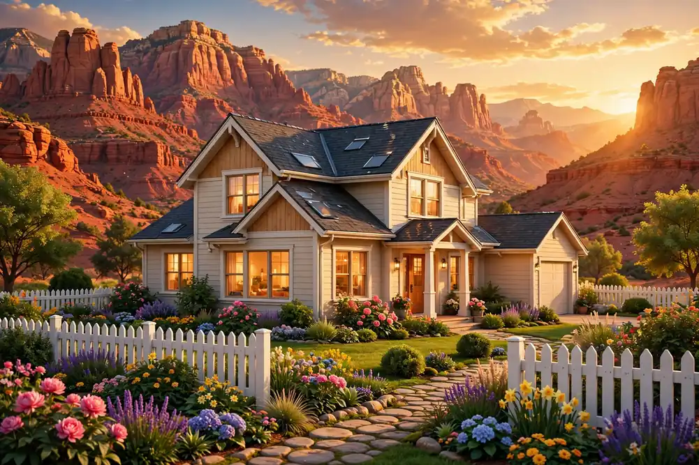 Eye-catching 3D render of a cozy suburban family home at golden hour with Utah's red-rock mountains behind it