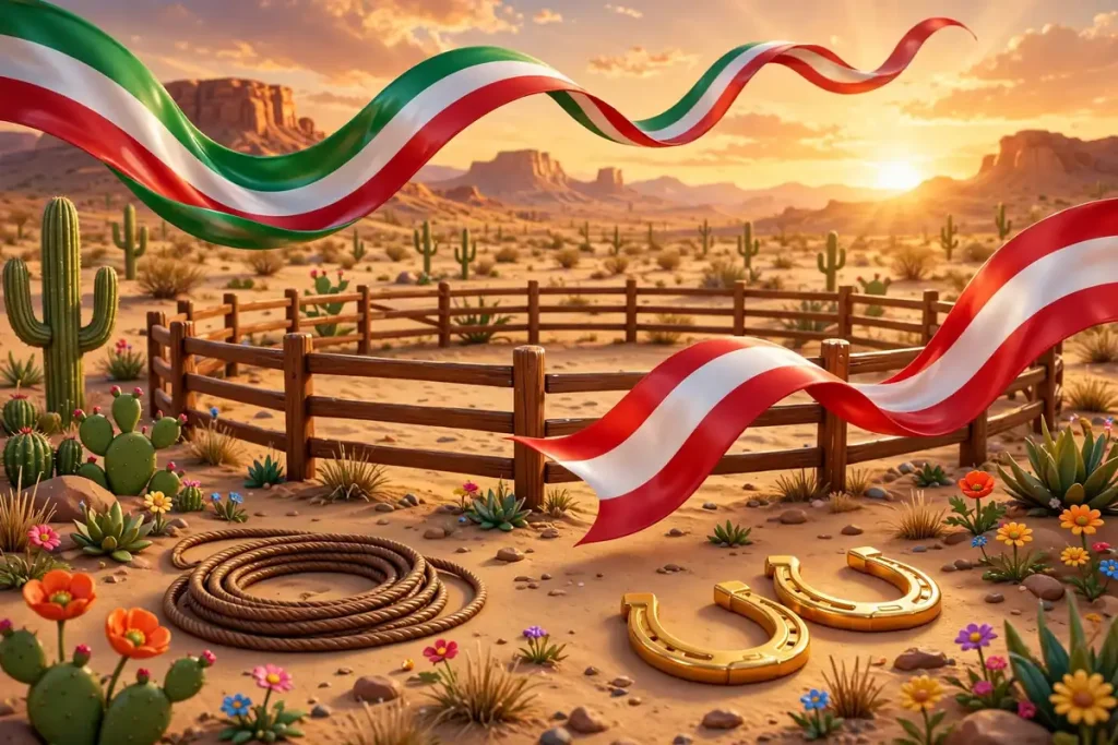 Glossy 3D western ranch scene with wooden corral fence, coiled lasso, golden horseshoes, cacti and Mexican and Lebanese flag-colored ribbons