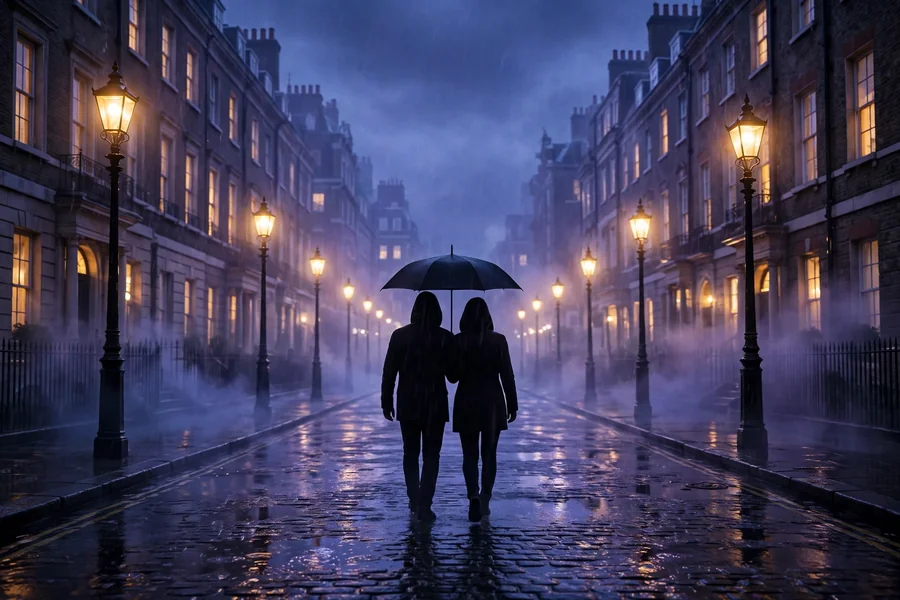 3D render of a rainy London street at dusk with two figures under one umbrella, evoking Taylor Swift and Joe Alwyn's private London years