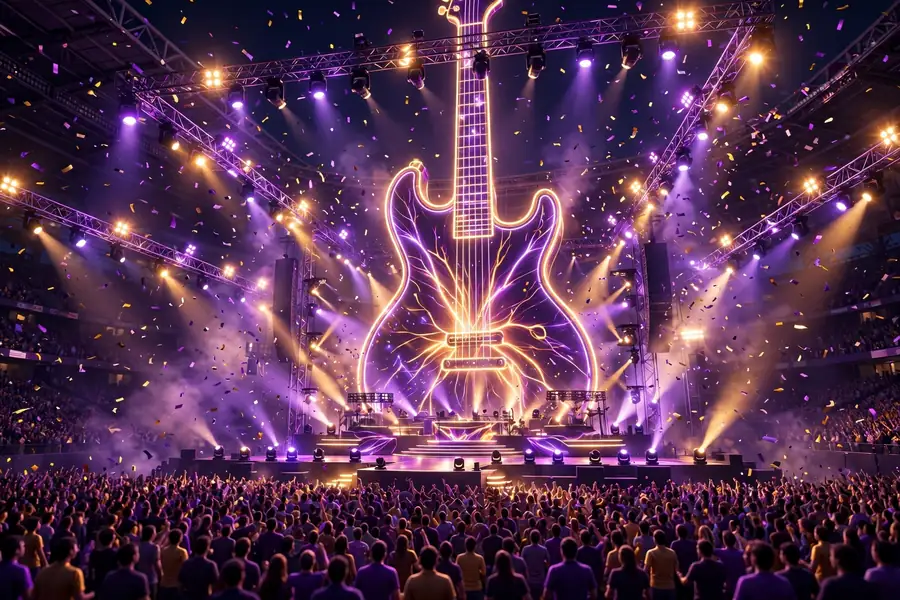 3D render of a concert stadium stage with spotlights and confetti, reflecting Taylor Swift's Eras Tour era after the split