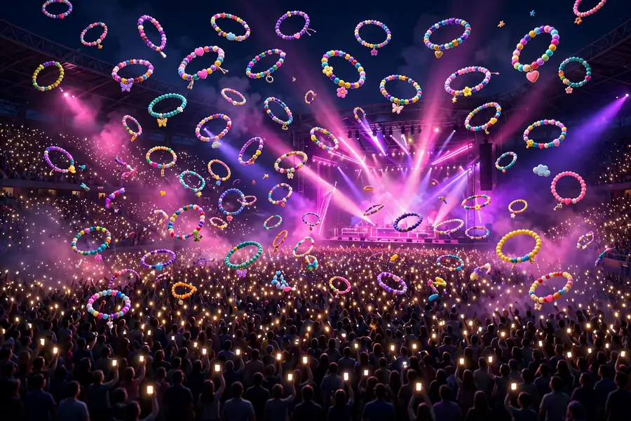 3D render of a packed stadium concert crowd with glowing friendship bracelet lights