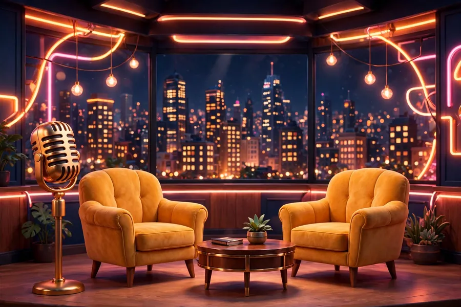 3D render of a late-night talk show studio stage with a glowing microphone