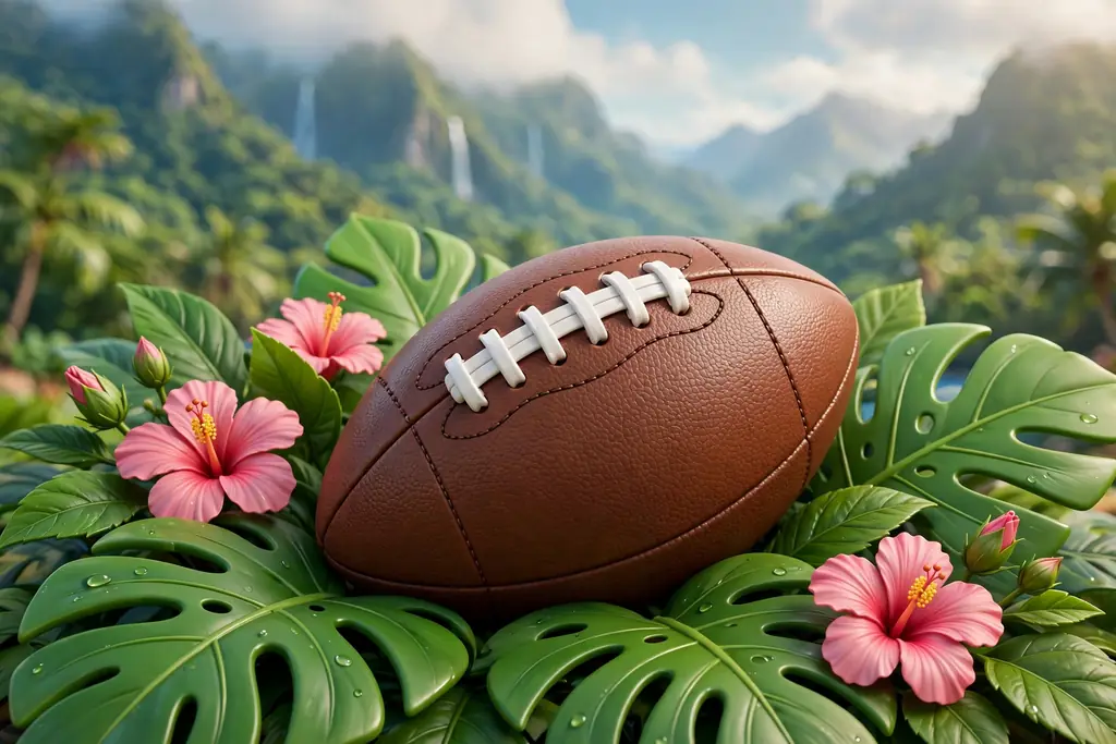 Vibrant 3D illustration of a leather American football with white laces resting on monstera leaves and pink hibiscus flowers with Hawaiian mountains behind