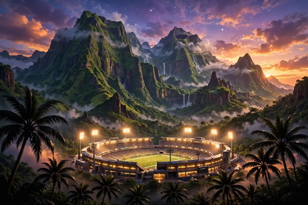 Glossy 3D render of green volcanic Hawaiian mountains above a glowing football stadium at dusk with palm tree silhouettes