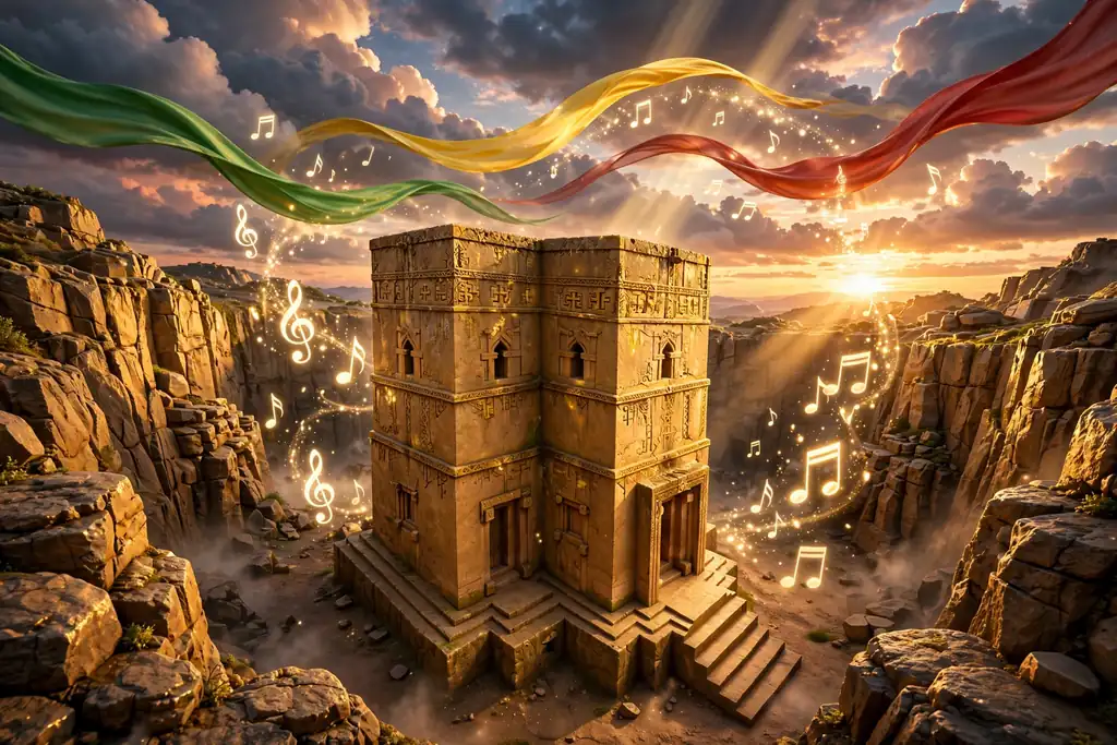 Glossy 3D render of a stylized rock-hewn Ethiopian church carved from golden stone at sunset with green, yellow, and red ribbons flowing across the sky