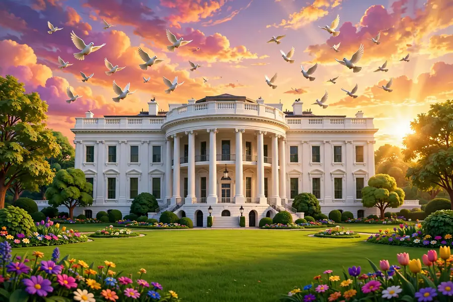 3D illustration of the White House at golden hour for the Tiger Woods and Donald Trump story