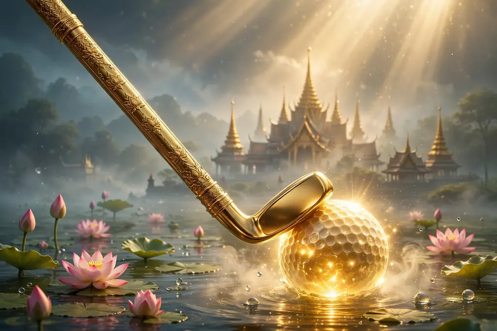 3D render of a golden golf club and ball with a Thai temple silhouette in the mist