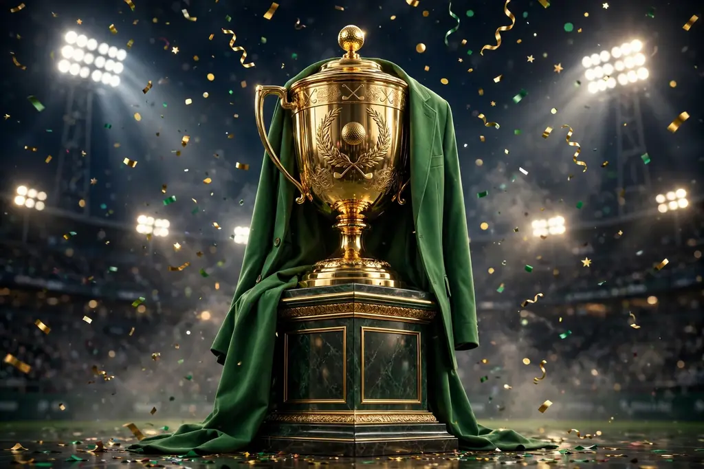 3D render of a golden golf championship trophy with a green jacket and falling confetti