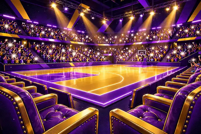 3D render of a courtside basketball arena at night with glowing lights, linked to Khloé Kardashian's comments on Kylie Jenner and Timothée Chalamet