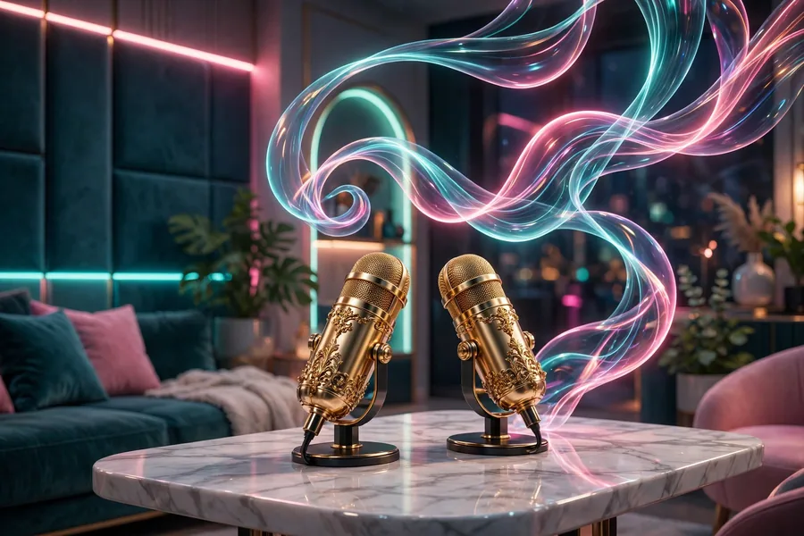 3D illustration of a cozy podcast studio with microphones and colorful sound waves, tied to Khloé Kardashian's podcast remarks about Timothée Chalamet