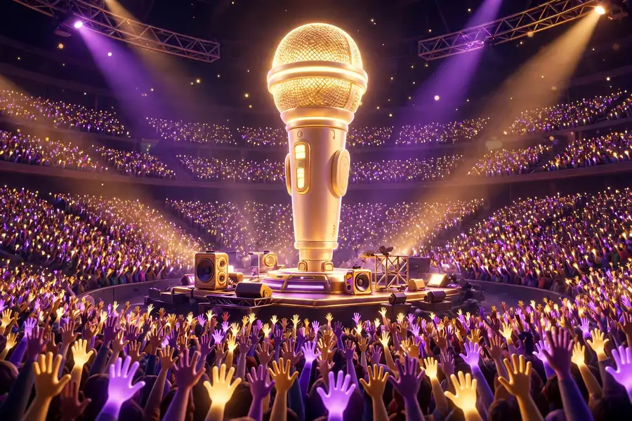 3D illustration of a glowing arena stage microphone with raised audience hands, representing the Tom Brady and Tony Robbins summit