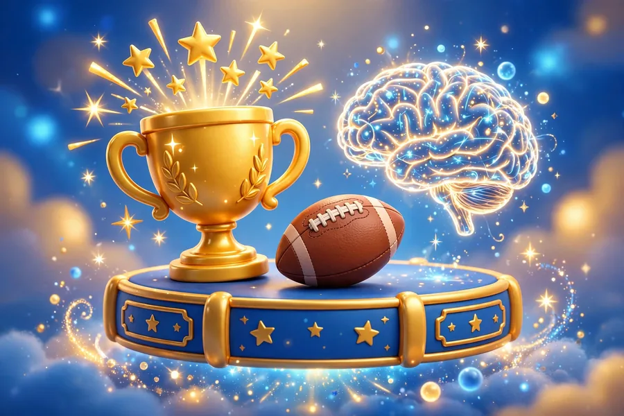 3D illustration of a golden championship trophy and glowing brain symbolizing mindset, for Tom Brady and Tony Robbins