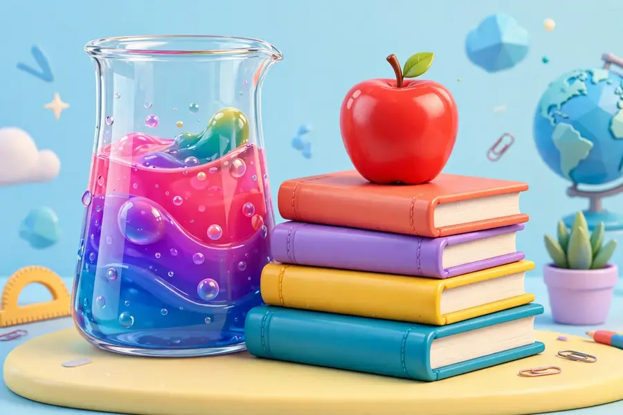 Glossy 3D render of science classroom motifs: beakers, books and an apple in vibrant colors