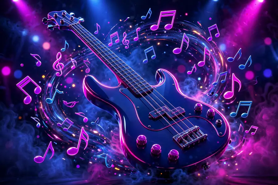 Glossy 3D render of an electric bass guitar with musical notes, symbolizing Tommaso Cioni's band life