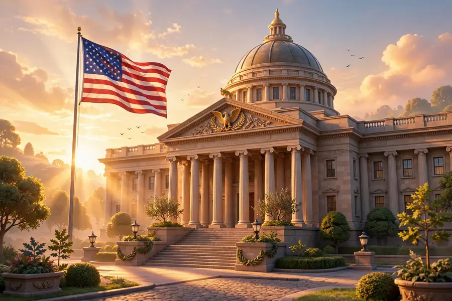 3D render of an American government building with a flag at sunrise representing Trump and Robbins public appearances