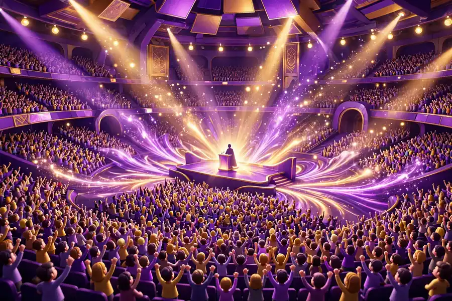 3D illustration of a massive seminar arena filled with a cheering audience and a lone speaker on a glowing stage