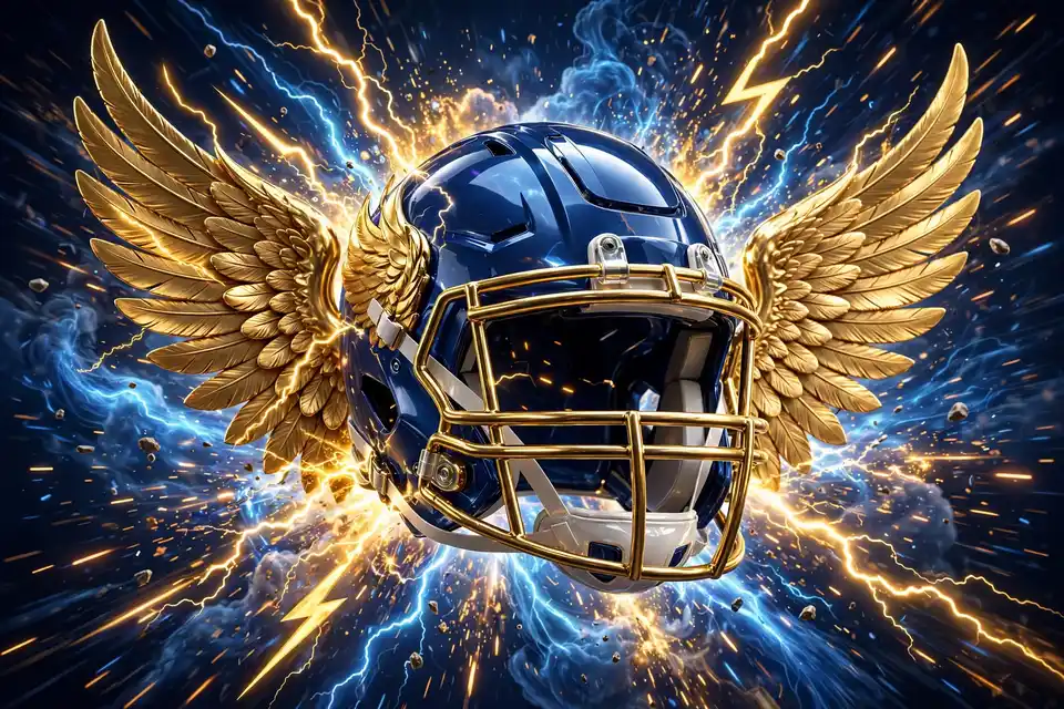 Glossy 3D render of a football helmet with golden wings and lightning bolts