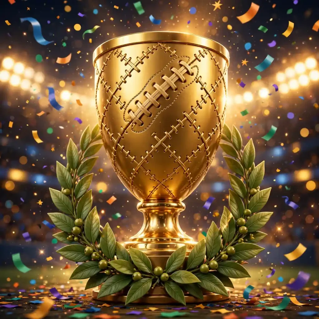 Glossy 3D illustration of a golden championship trophy with football laces texture and laurel leaves