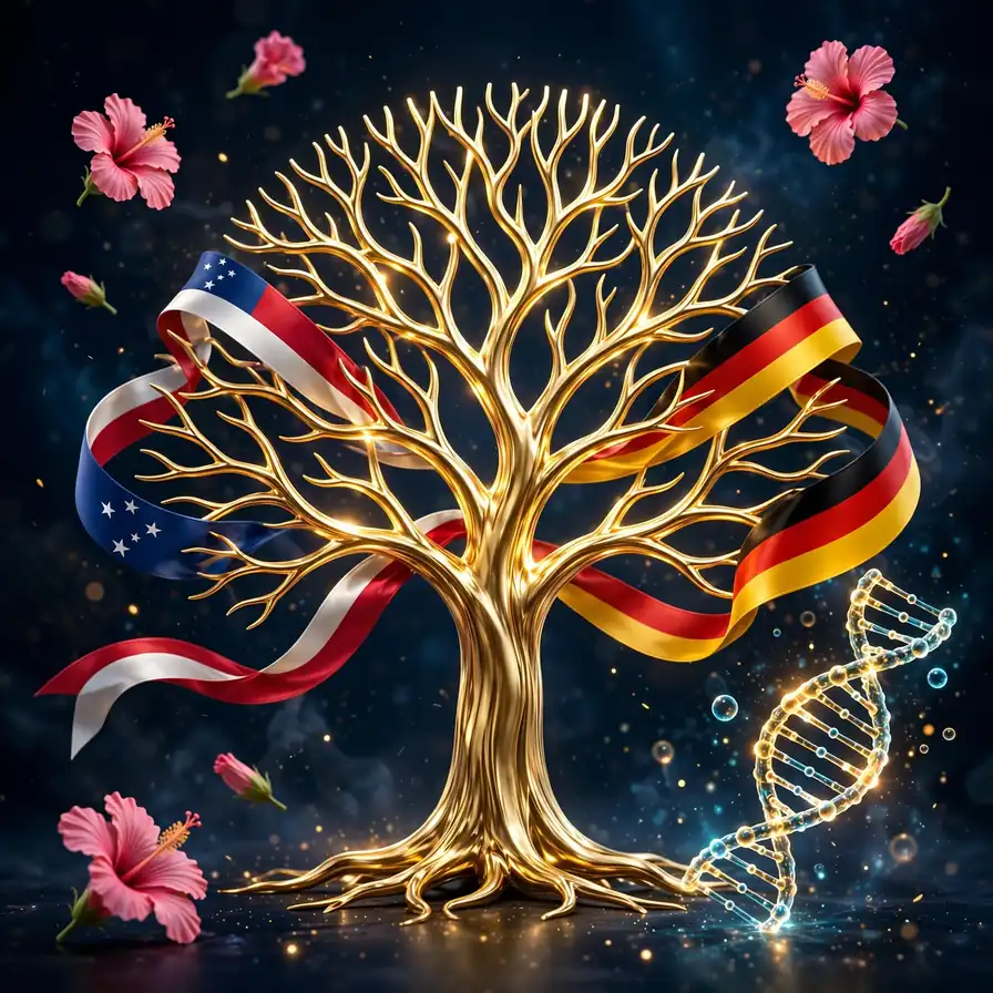 3D illustration of a golden family tree wrapped in Samoan red-white-blue and German black-red-gold ribbons with hibiscus flowers and a DNA helix