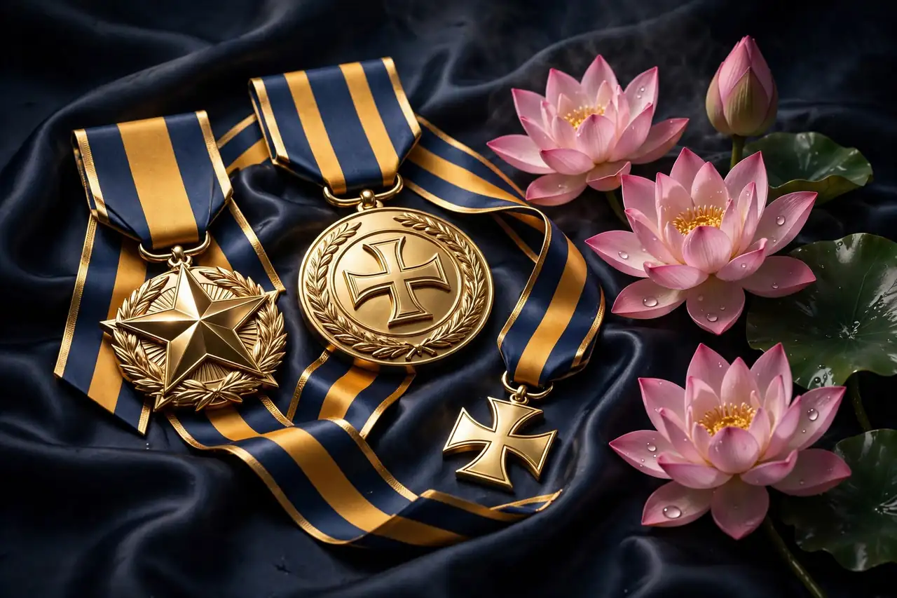 Glossy 3D render of golden military medals on navy and gold ribbons beside pink lotus flowers on dark silk