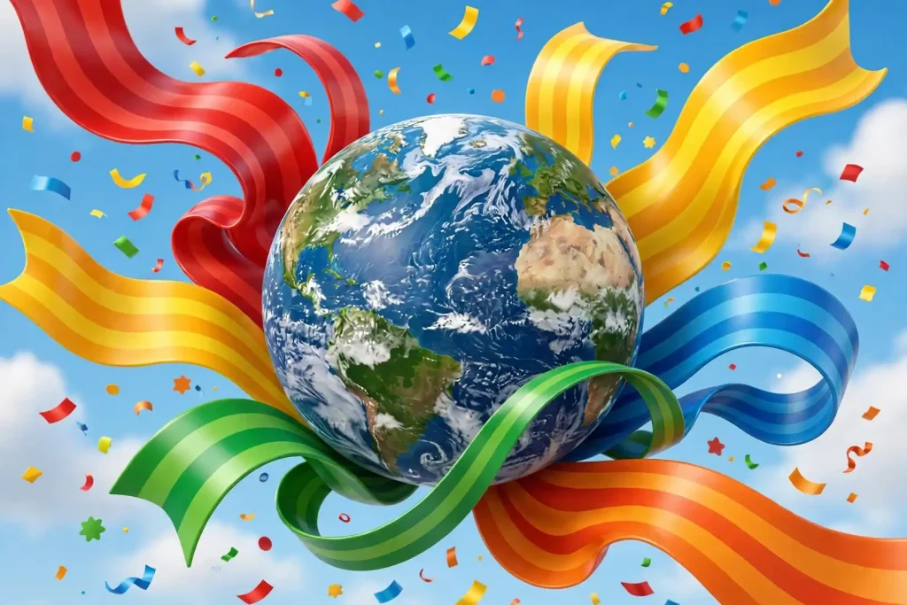 Vibrant 3D render of colorful waving flag ribbons flowing around a globe with confetti