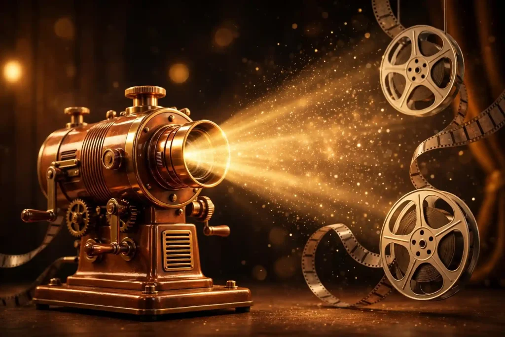 3D vintage cinema projector beaming golden light with film reels
