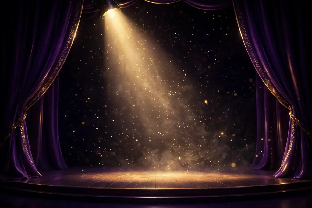 Dramatic 3D theatre spotlight beam on empty stage with golden particles