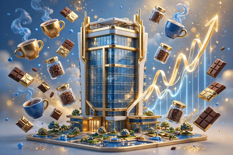 3D render of a food company headquarters tower with floating coffee cups and rising light charts, illustrating the Schneider and Johnson business story