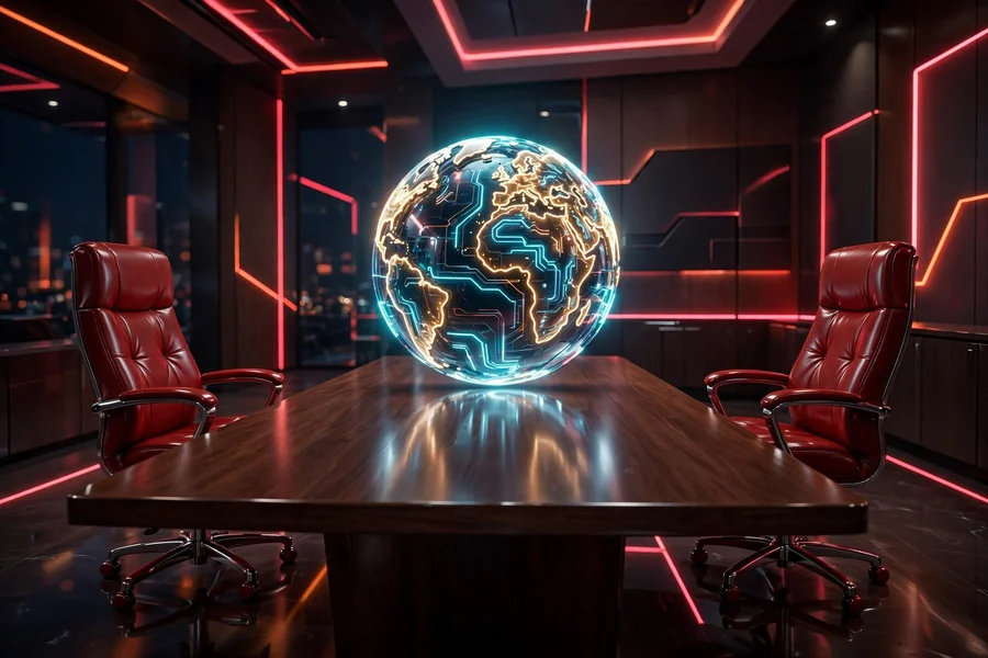 3D render of a boardroom with two executive chairs and a glowing globe between them, symbolizing Schneider and Johnson as food industry leaders