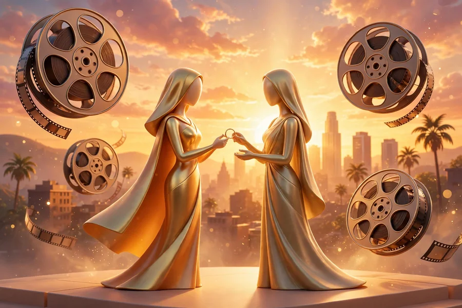 3D render of two elegant figures exchanging wedding rings under a sunset skyline with floating film reels, evoking a Hollywood romance