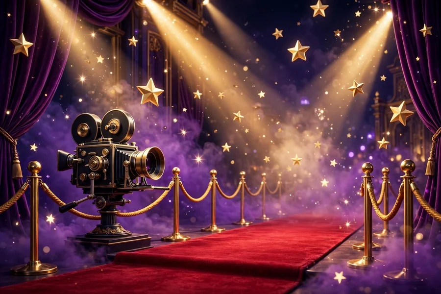 3D illustration of a glamorous film premiere red carpet at night with golden spotlights and floating stars