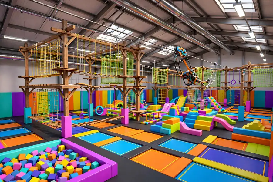 3D render of the Sky Rider indoor zip line gliding above trampoline courts at an adventure park