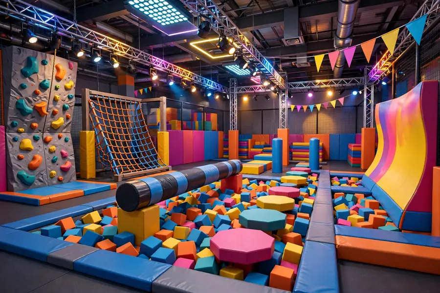 3D illustration of a warrior obstacle course with battle beams and climbing walls inside an adventure park