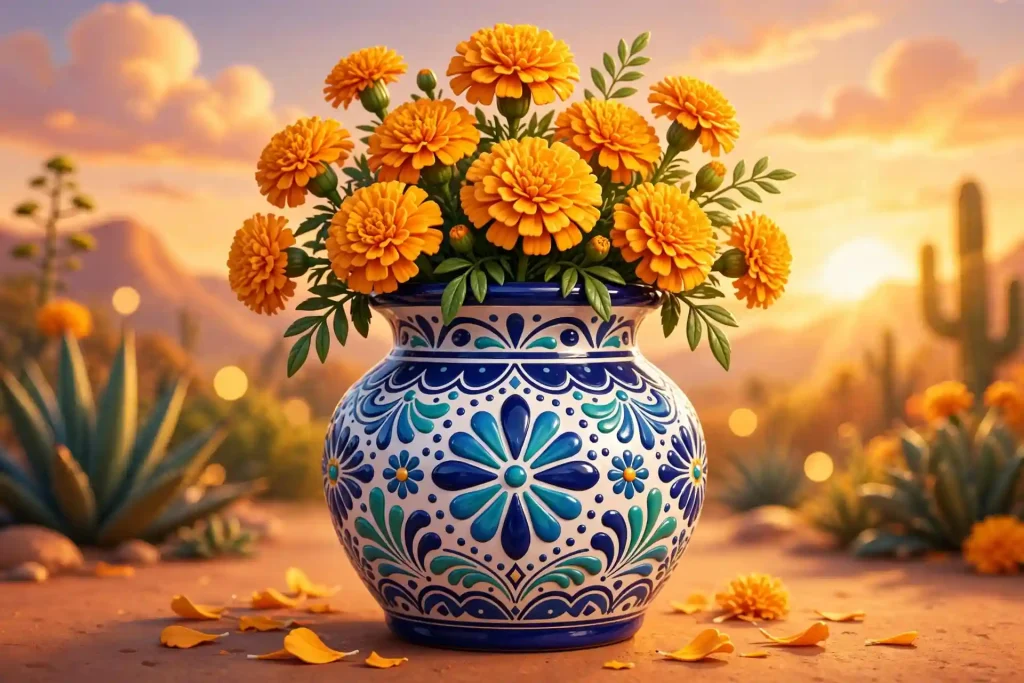 Glossy 3D illustration of a traditional Mexican talavera vase holding marigold flowers at sunset