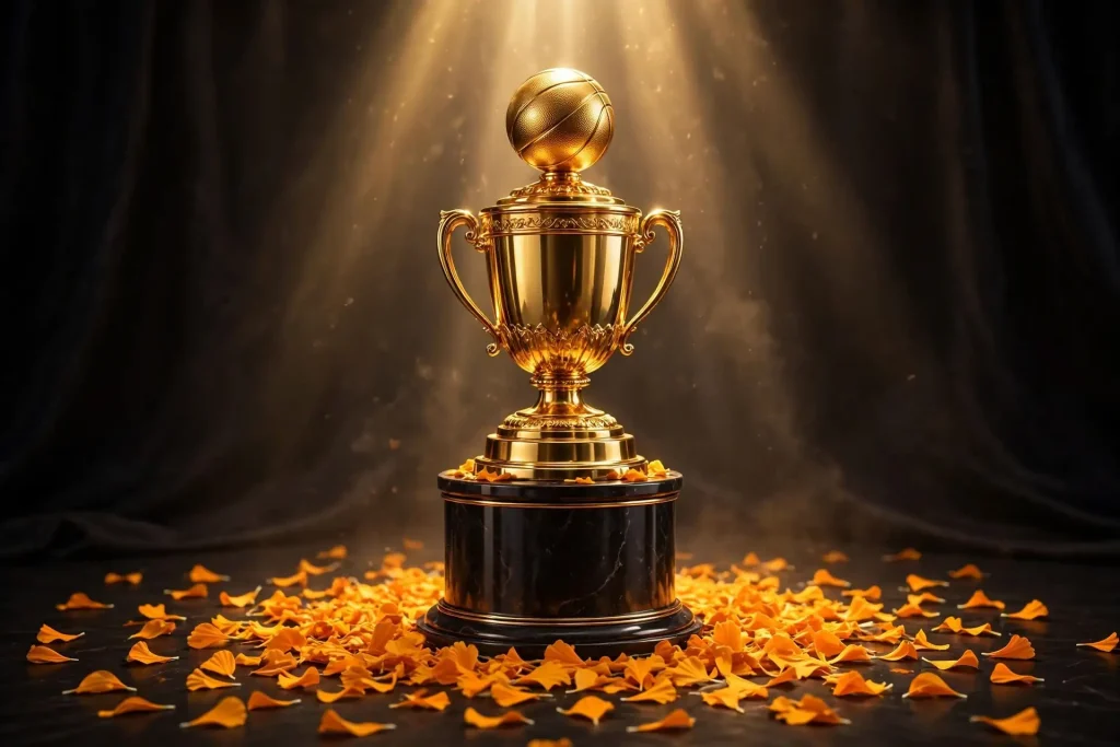 Glossy 3D render of a golden basketball trophy on a pedestal surrounded by marigold petals