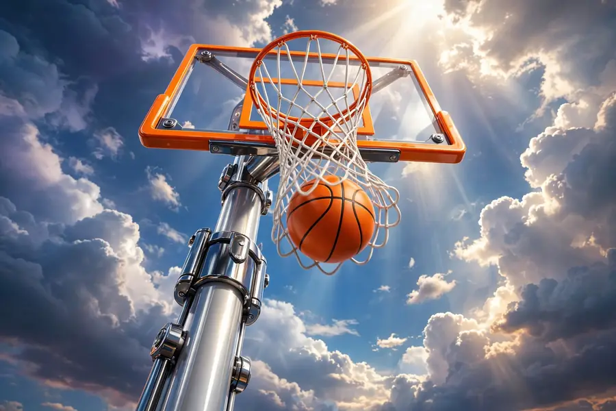 Glossy 3D render of a towering basketball hoop with a basketball, symbolizing Wembanyama's height and game