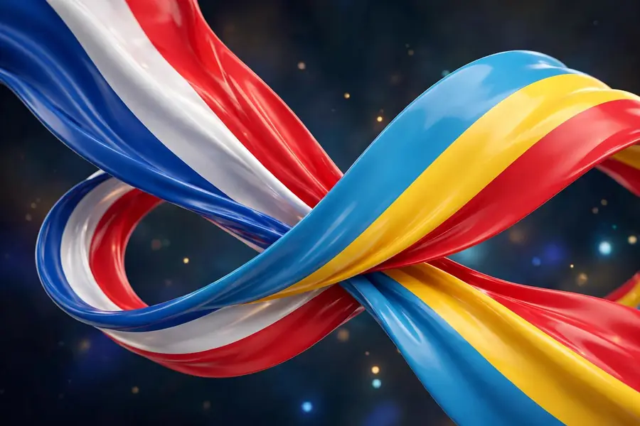 Glossy 3D render of French and Congolese flag color ribbons intertwined in 3D