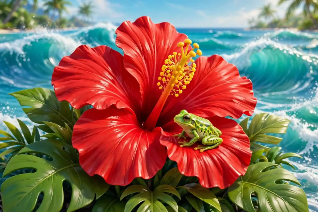 Glossy 3D illustration of a tropical frog on a giant red hibiscus flower with ocean waves