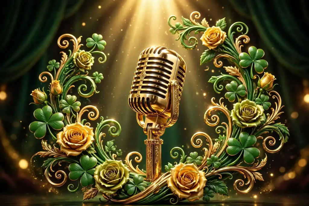 Glossy 3D render of a vintage stage microphone with swirling shamrock and rose motifs