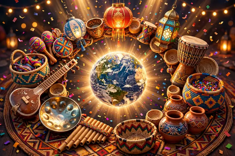 Glossy 3D render of world cultural festival items — lanterns, drums, baskets, pottery and instruments — arranged in a ring around a glowing globe