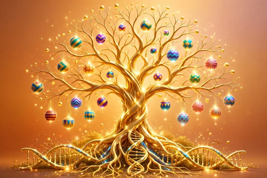 Vibrant 3D illustration of a glowing golden family tree with luminous branches holding colorful flag-inspired orbs and DNA-strand roots